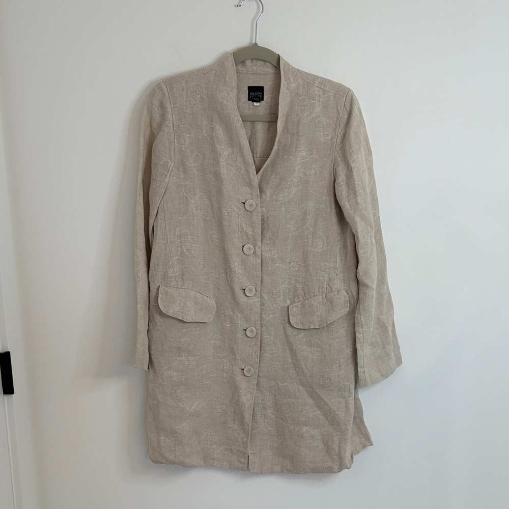 Eileen Fisher 100% Linen Beige Flax Long Duster Jacquard Coat